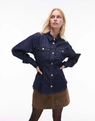 denim cinch shirt in raw indigo-Blue