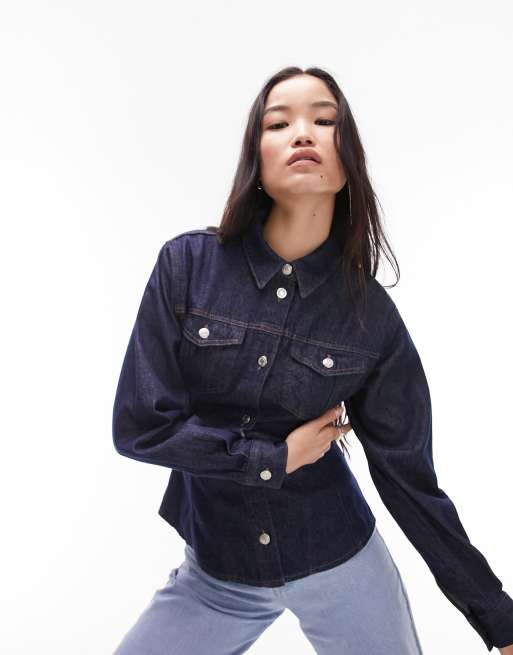 Topshop denim cinch waist shirt in indigo | ASOS