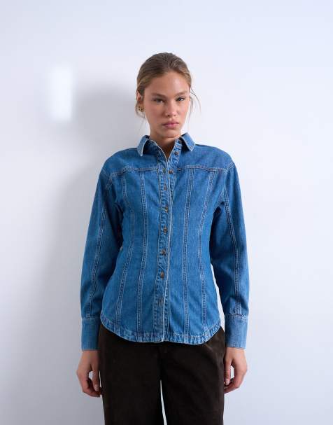 Topshop denim cinched shirt with seam detail in mid blue - view 1