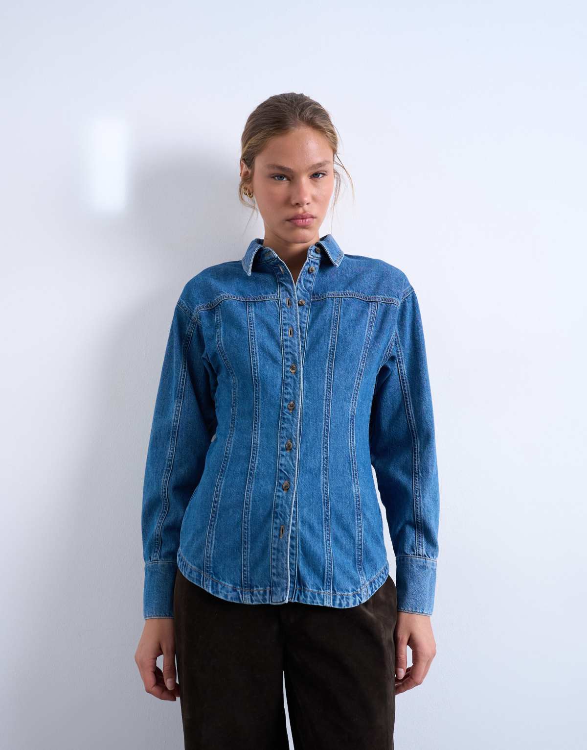 Topshop denim cinched shirt with seam detail in mid blue