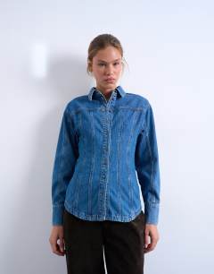 Denim cinched shirt with seam detail in mid blue
