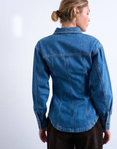 Model wearing Denim cinched shirt with seam detail in mid blue