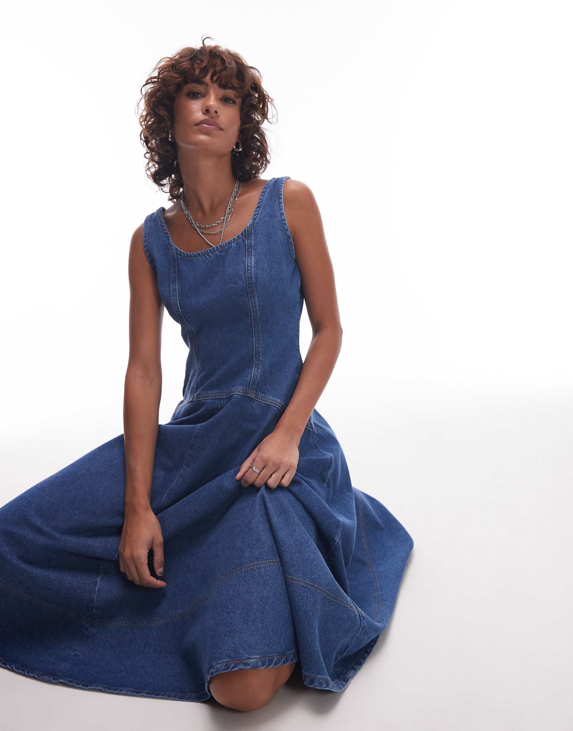 topshop denim circle dropwaist strappy midi dress in bleach