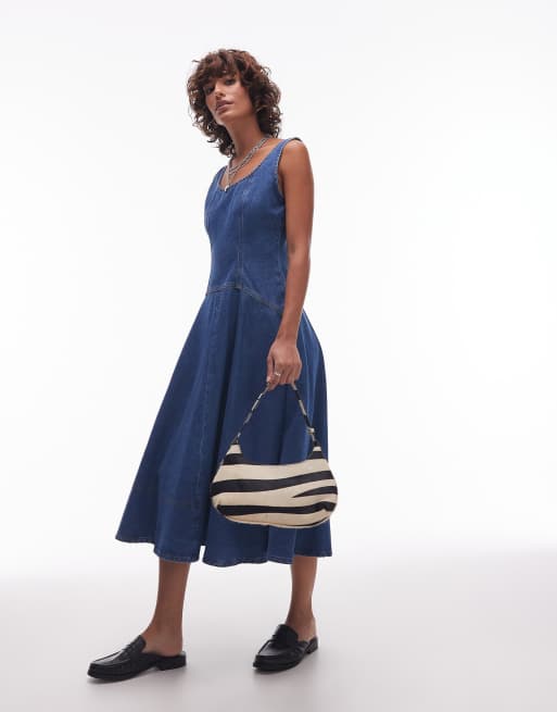 Topshop denim circle dropwaist strappy midi dress in bleach