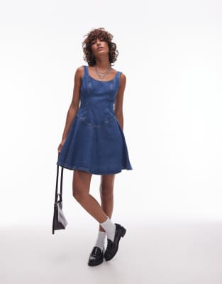 Topshop denim circle dropwaist strappy mini dress in bleach-Blue