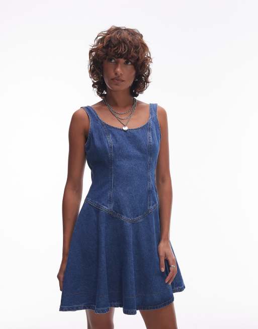 Topshop denim circle dropwaist strappy mini dress in bleach