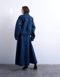 Model wearing Denim circle maxi skirt in indigo stripe