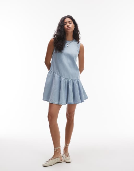 Topshop denim circle peplum mini dress in bleach