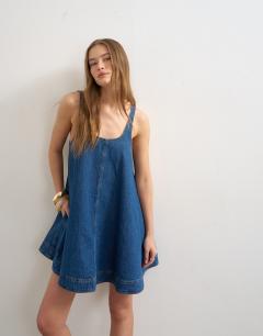 Denim circle pinny dress in rich blue
