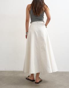 Model wearing Denim circle seamed maxi skirt in bone