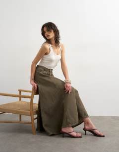 Denim circle seamed maxi skirt in olive