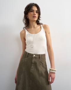 Model wearing Denim circle seamed maxi skirt in olive