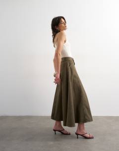 Model wearing Denim circle seamed maxi skirt in olive