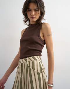 Model wearing Denim circle seamed maxi skirt in stripe