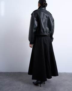 Model wearing Denim circle skirt in black stripe