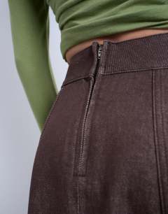 Model wearing Denim circle skirt in brown