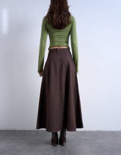 Model wearing Denim circle skirt in brown