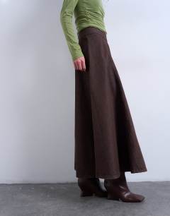 Model wearing Denim circle skirt in brown