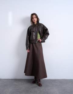 Model wearing Denim circle skirt in brown