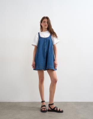 Topshop Denim Circle Skirted Pinafore Dress In Blue