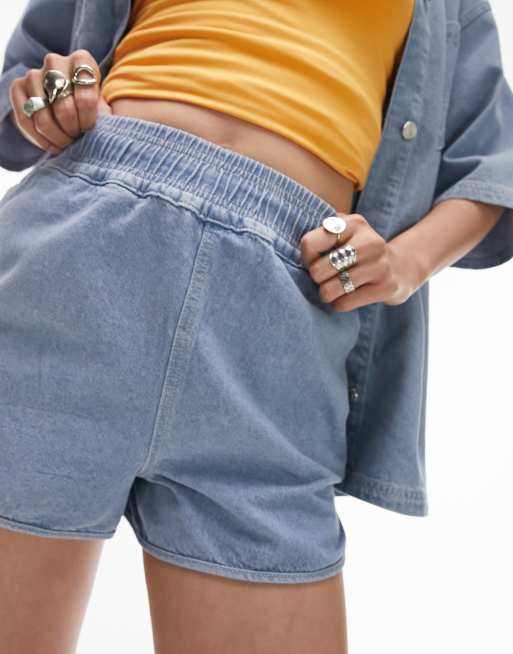 Topshop Petite denim track short in bleach-Blue