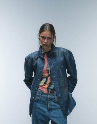 Topshop Denim Coated Shirt In Deep Sea Wash-blue