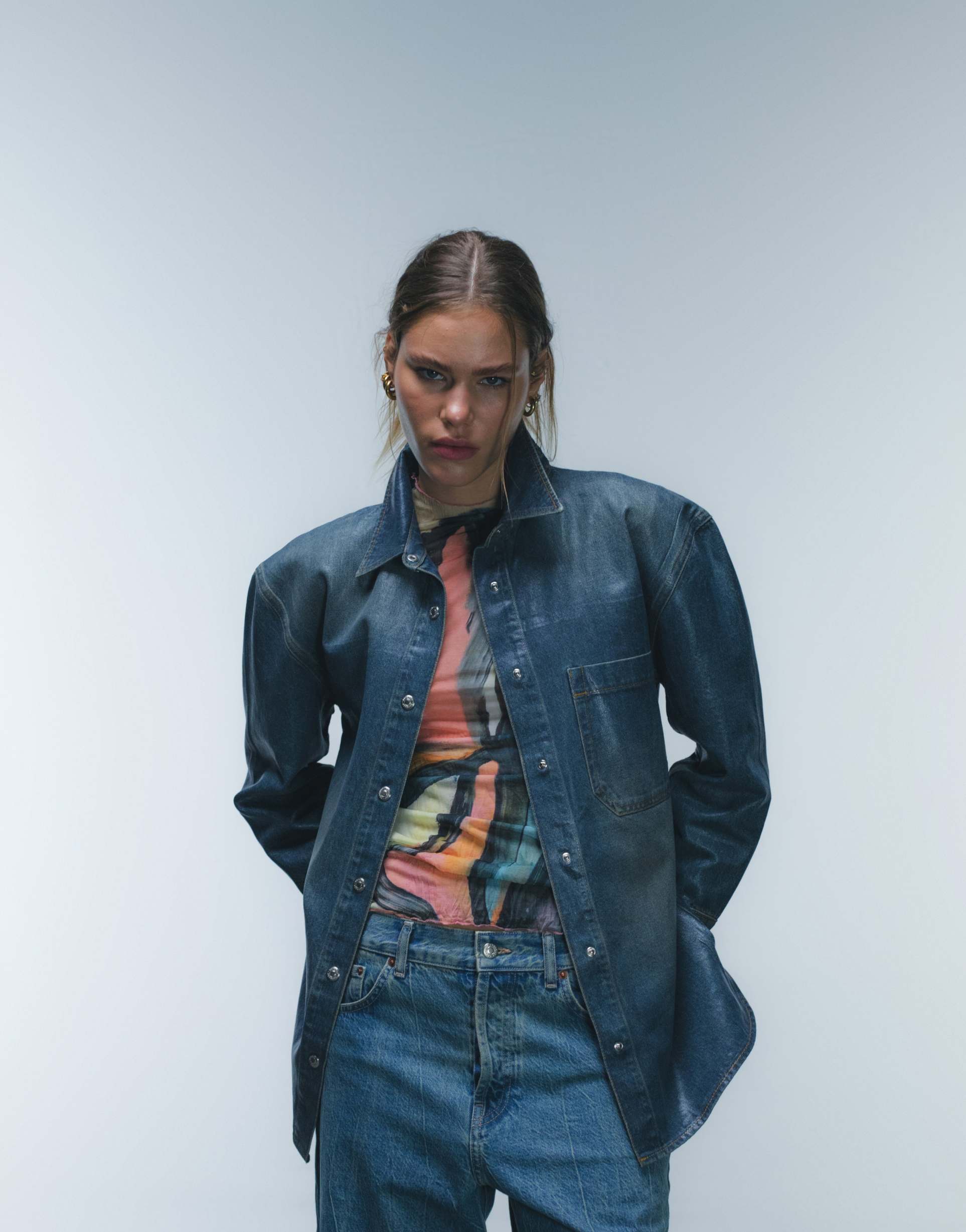 topshop denim coated shirt in deep sea wash