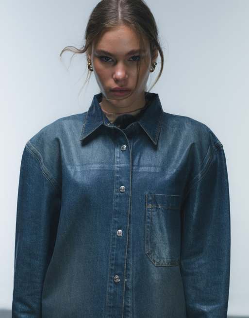 Topshop denim coated shirt in deep sea wash