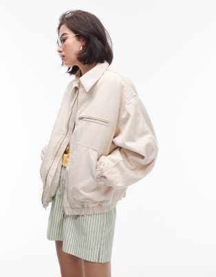 Topshop Denim Collar Bomber Jacket In Ecru-neutral