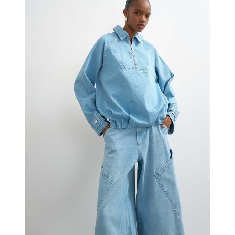 Topshop denim collared quarter zip blouson jacket in mid blue | ASOS