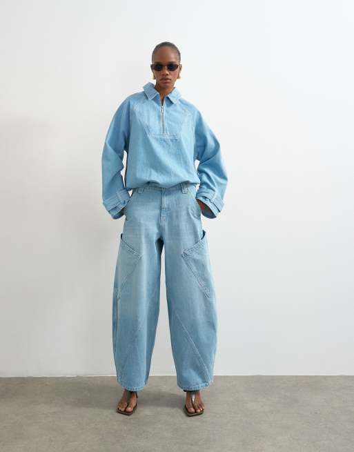 Topshop denim collared quarter zip blouson jacket in mid blue, 2 of 4
