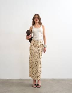 Model wearing Denim column maxi skirt in animal print