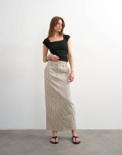 Denim column maxi skirt in black and ecru stripe
