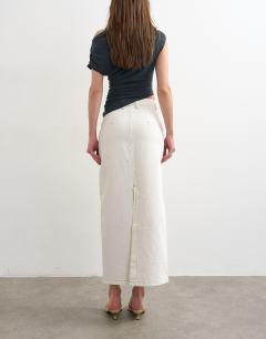 Model wearing Denim column maxi skirt in bone