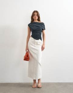 Model wearing Denim column maxi skirt in bone