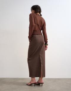 Model wearing Denim column maxi skirt in chocolate