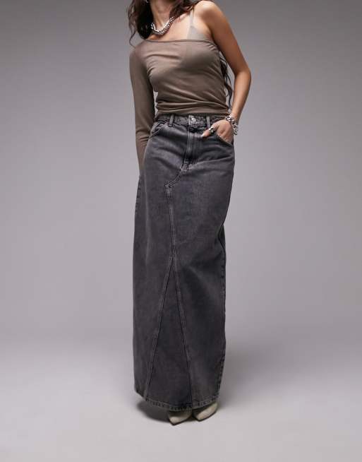 Topshop Tall leather look denim styled maxi skirt in black, ASOS in 2023