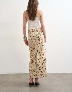 Model wearing Denim column maxi skirt in deer print