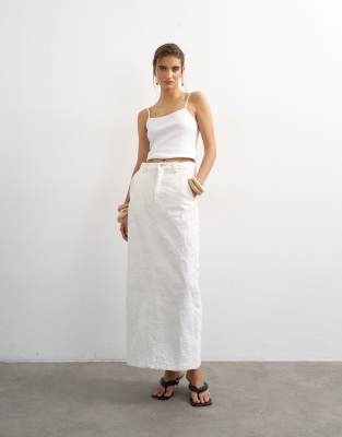 Topshop denim column maxi skirt in distressed ecru