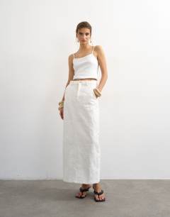 Denim column maxi skirt in distressed ecru