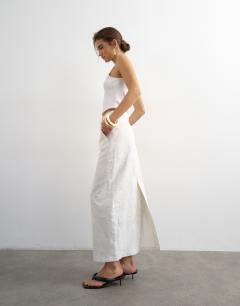 Model wearing Denim column maxi skirt in distressed ecru