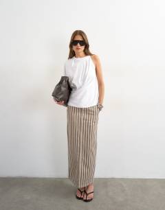 Model wearing Denim column maxi skirt in stripe