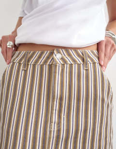 Model wearing Denim column maxi skirt in stripe