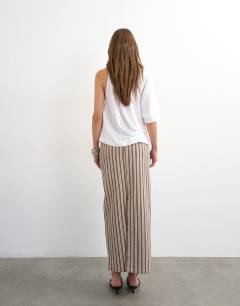 Model wearing Denim column maxi skirt in stripe