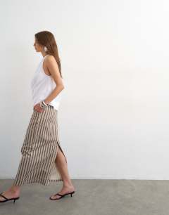 Model wearing Denim column maxi skirt in stripe