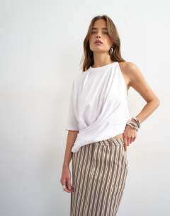 Model wearing Denim column maxi skirt in stripe