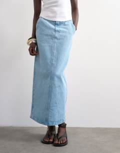 Model wearing Denim column skirt in bleach