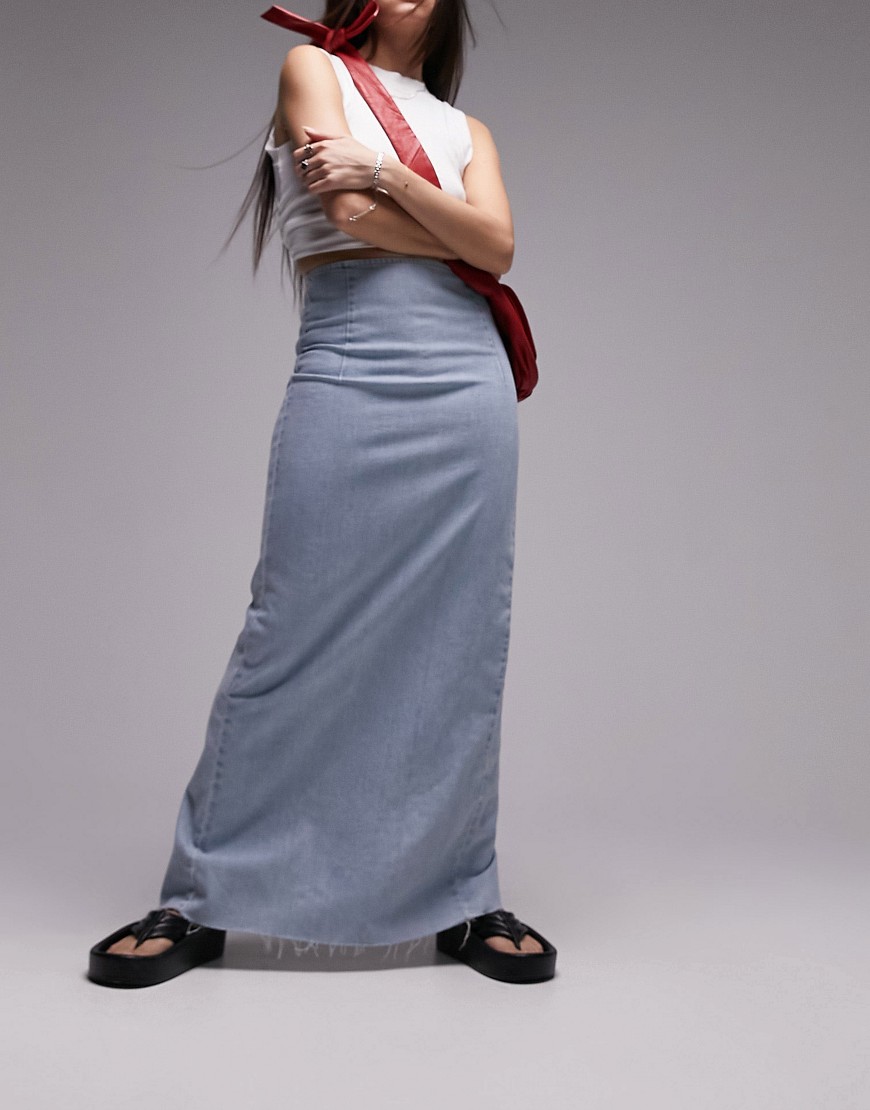 Topshop denim comfort stretch maxi skirt in bleach-Blue