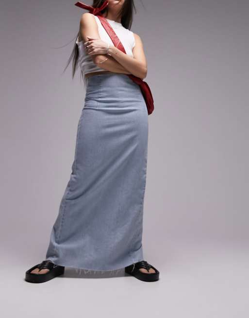 Topshop Tall denim midi skirt in bleach, ASOS