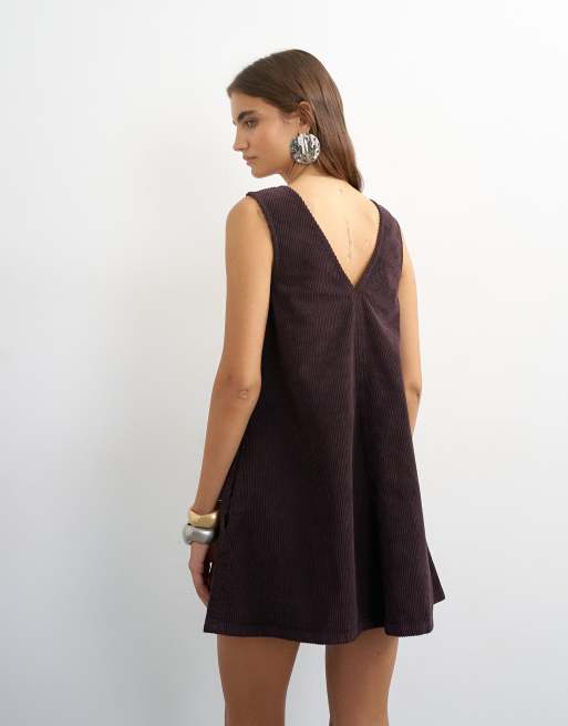 Topshop denim cord pinny v neck mini dress in chocolate, 3 of 4